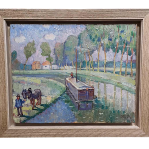 Raphaël Dubois 'Halage en Flandre' huile sur panneau, tableau luministe