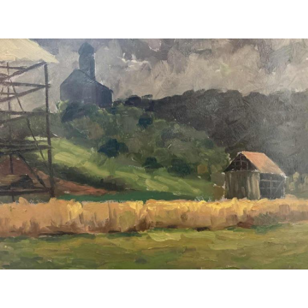 Dr Pierre DELCOURT (1914-): Frahan - the church and the tobacco drying shed.