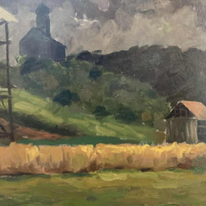 Dr Pierre DELCOURT (1914-): Frahan - the church and the tobacco drying shed.