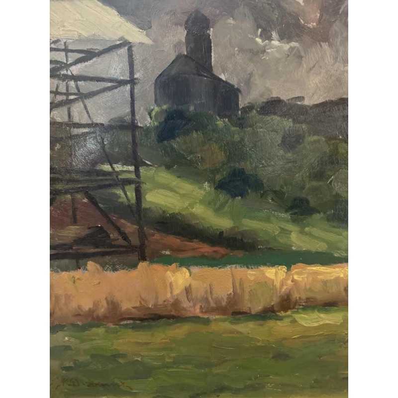 Dr Pierre DELCOURT (1914-): Frahan - the church and the tobacco drying shed.