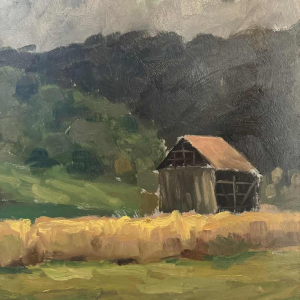 Dr Pierre DELCOURT (1914-): Frahan - the church and the tobacco drying shed.