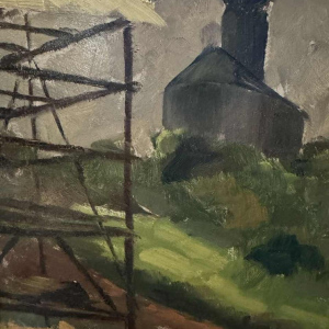 Dr Pierre DELCOURT (1914-): Frahan - the church and the tobacco drying shed.