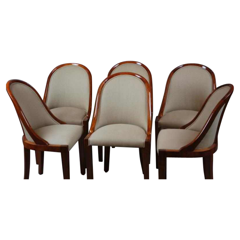 SOLD.Série de 6 chaises art-déco en noyer et ronce de noyer