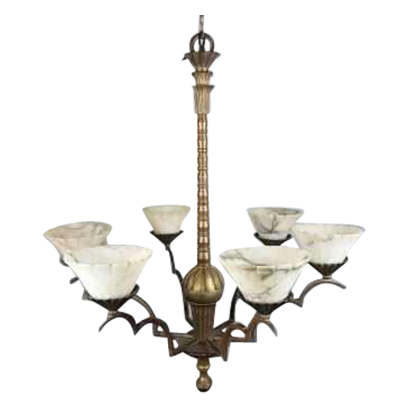 SOLD.Suspension art-déco en bronze tulipes en albâtre circa 1920