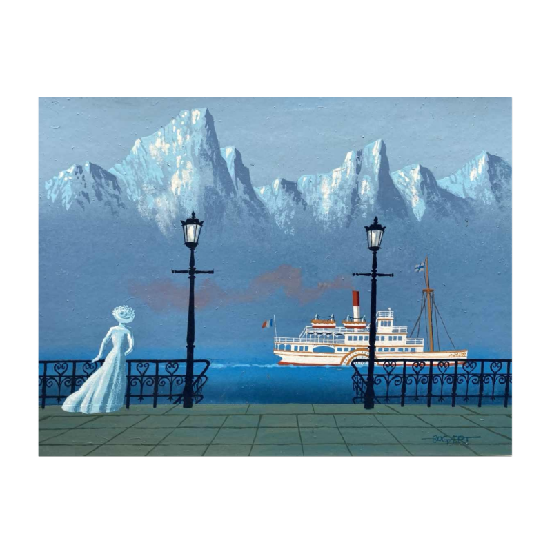 Gaston Bogaert “Le vapeur du lac“, tableau surréaliste huile sur isorel, XXe s