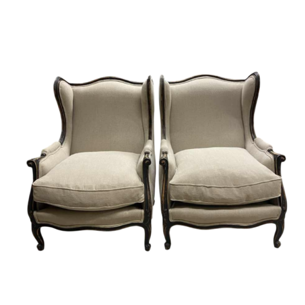 Pair of Louis XV 'Shepherd's wing chair' armchairs, linen upholstery, ca 1950