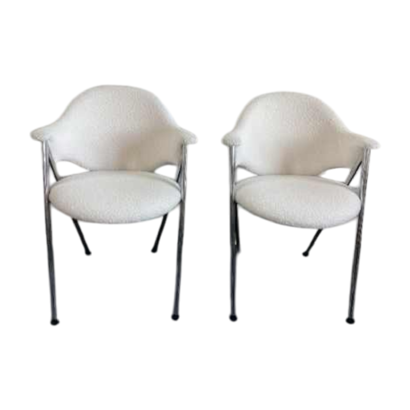 Pair of small vintage armchairs, new wool bouclettes fabric cover, Italian design 1960s