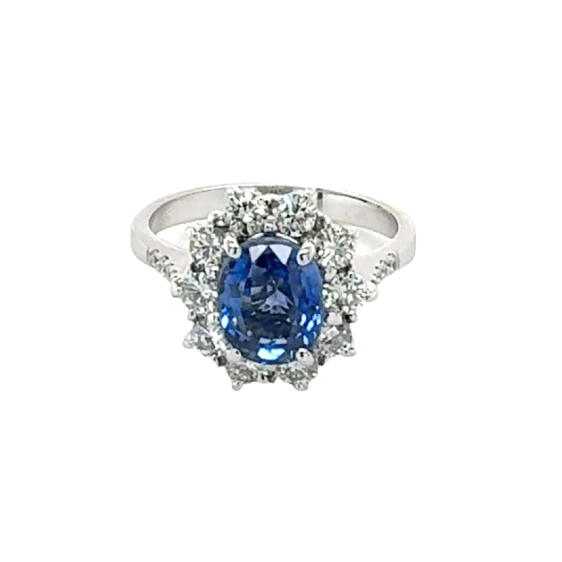 Bague Halo en or blanc 18 carats avec saphir naturel de Ceylan et diamants