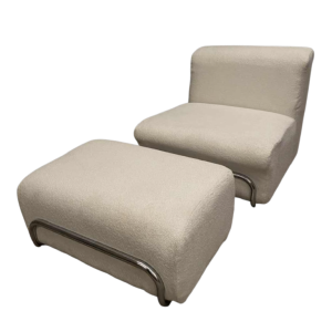 Italian design armchair and ottoman, chromed steel and new curly fabric, ca 1960