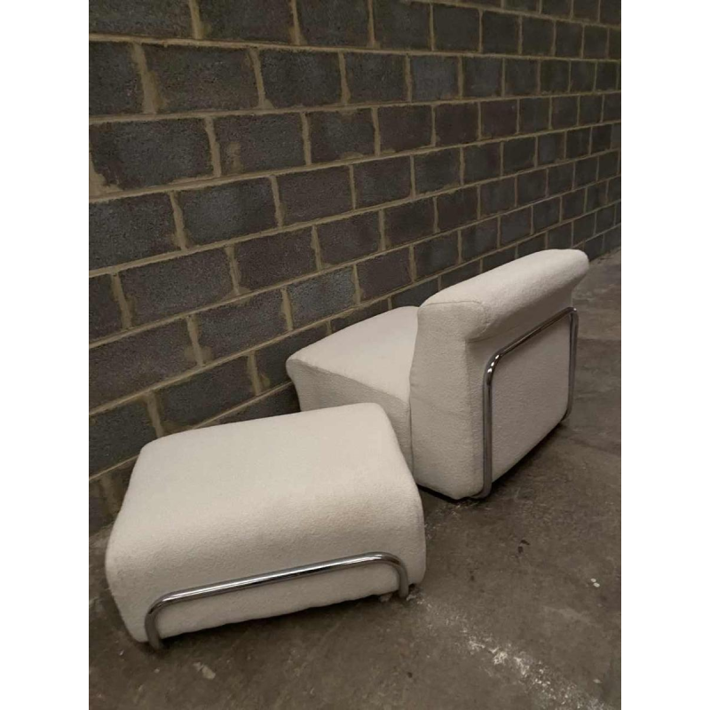 Italian design armchair and ottoman, chromed steel and new curly fabric, ca 1960