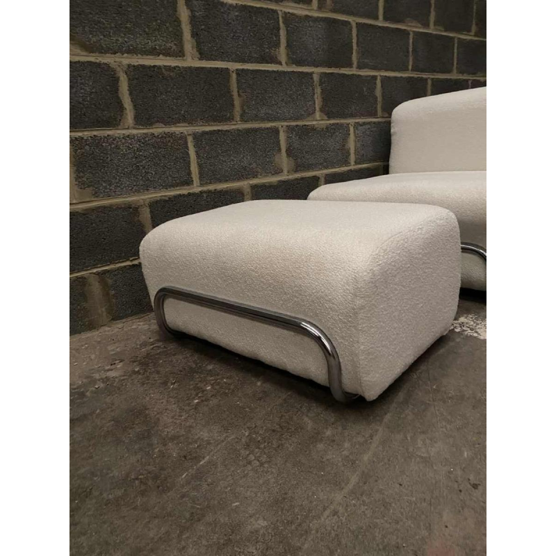 Italian design armchair and ottoman, chromed steel and new curly fabric, ca 1960