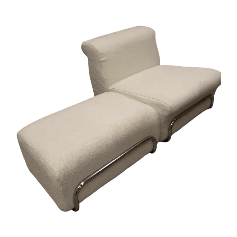 Italian design armchair and ottoman, chromed steel and new curly fabric, ca 1960