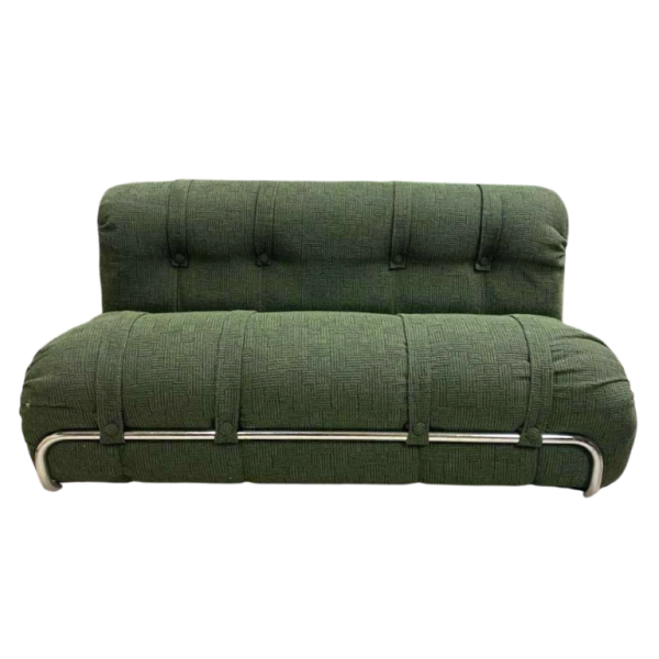 Restored vintage sofa attributed to MEUROP, green Chamick fabric, chromed steel tubular frame, ca 1960