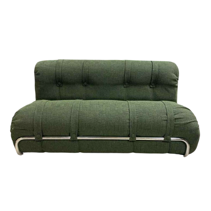 Canapé vintage restauré attribué à MEUROP, tissu Chamick vert, structure tubulaire acier chromé, ca 1960