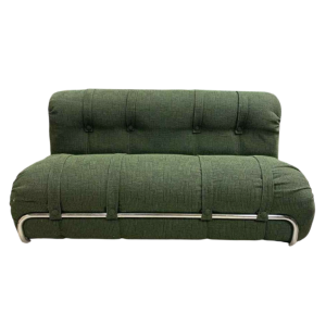 Restored vintage sofa attributed to MEUROP, green Chamick fabric, chromed steel tubular frame, ca 1960