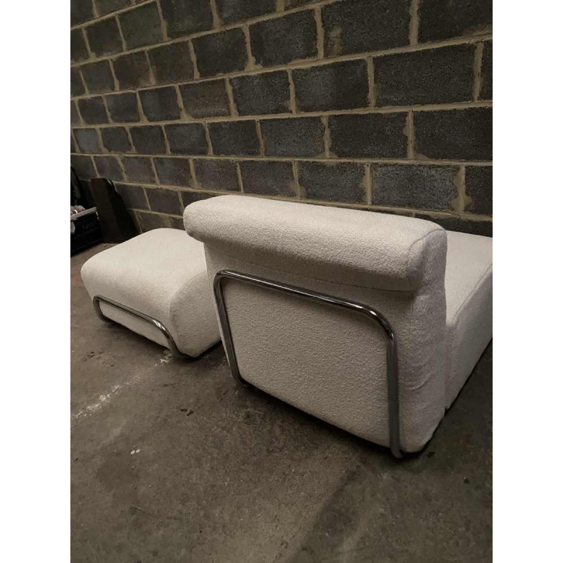 Italian design armchair and ottoman, chromed steel and new curly fabric, ca 1960