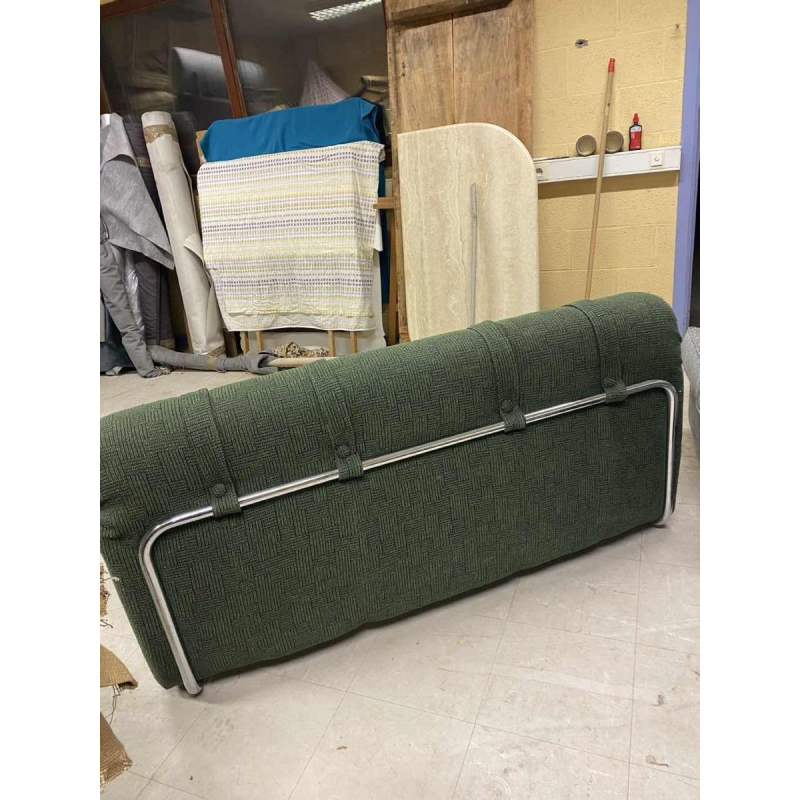 Gerestaureerde vintage bank toegeschreven aan MEUROP, groene Chamick stof, verchroomd stalen buisframe, ca 1960