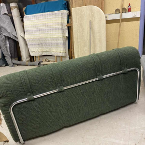 Restored vintage sofa attributed to MEUROP, green Chamick fabric, chromed steel tubular frame, ca 1960
