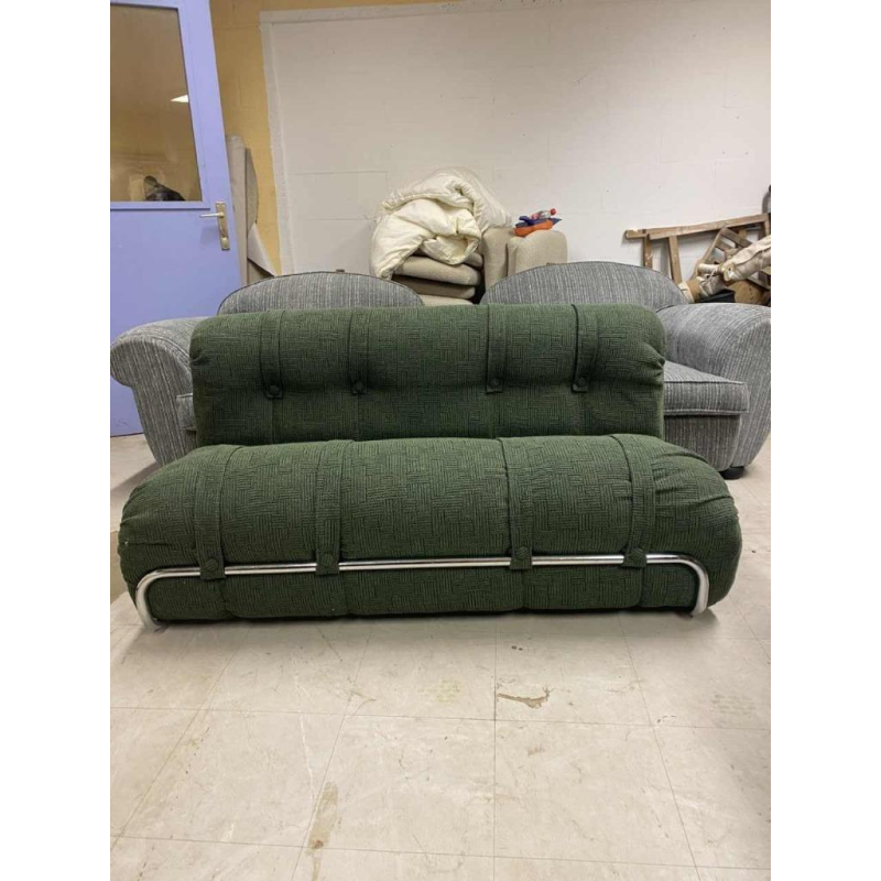 Restored vintage sofa attributed to MEUROP, green Chamick fabric, chromed steel tubular frame, ca 1960