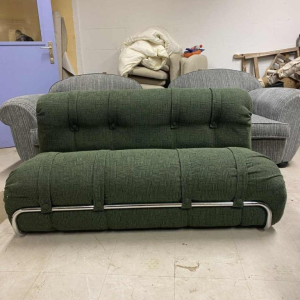Restored vintage sofa attributed to MEUROP, green Chamick fabric, chromed steel tubular frame, ca 1960