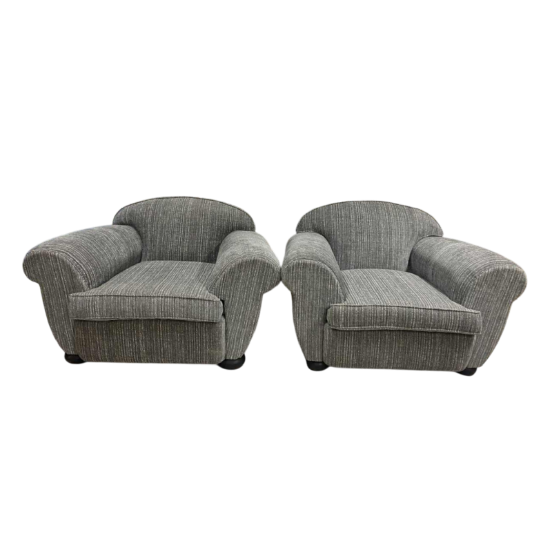 Pair of Art Deco Paquebot club armchairs upholstered in mottled grey velvet, ca 1930
