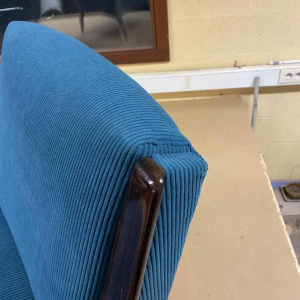 Pair of vintage armchairs upholstered in blue corduroy, varnished beech wood trim, ca 1950