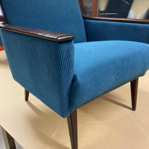 Pair of vintage armchairs upholstered in blue corduroy, varnished beech wood trim, ca 1950