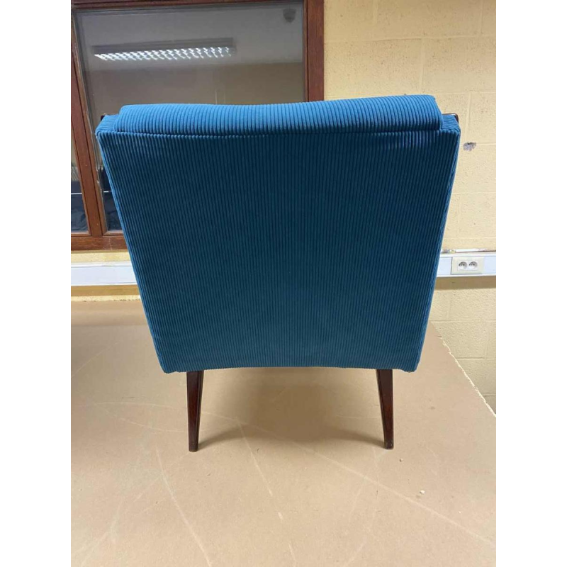 Pair of vintage armchairs upholstered in blue corduroy, varnished beech wood trim, ca 1950