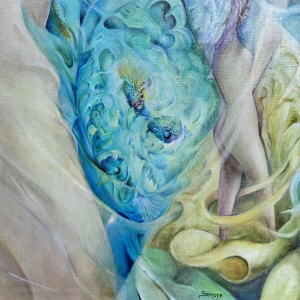 Simone Verlaine “femme nue” surrealistisch fantasieschilderij, schilderij olieverf op doek, 20e eeuw