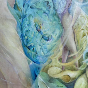 Simone Verlaine “femme nue” surrealistisch fantasieschilderij, schilderij olieverf op doek, 20e eeuw