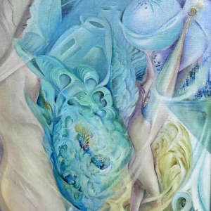 Simone Verlaine “femme nue” surrealistisch fantasieschilderij, schilderij olieverf op doek, 20e eeuw