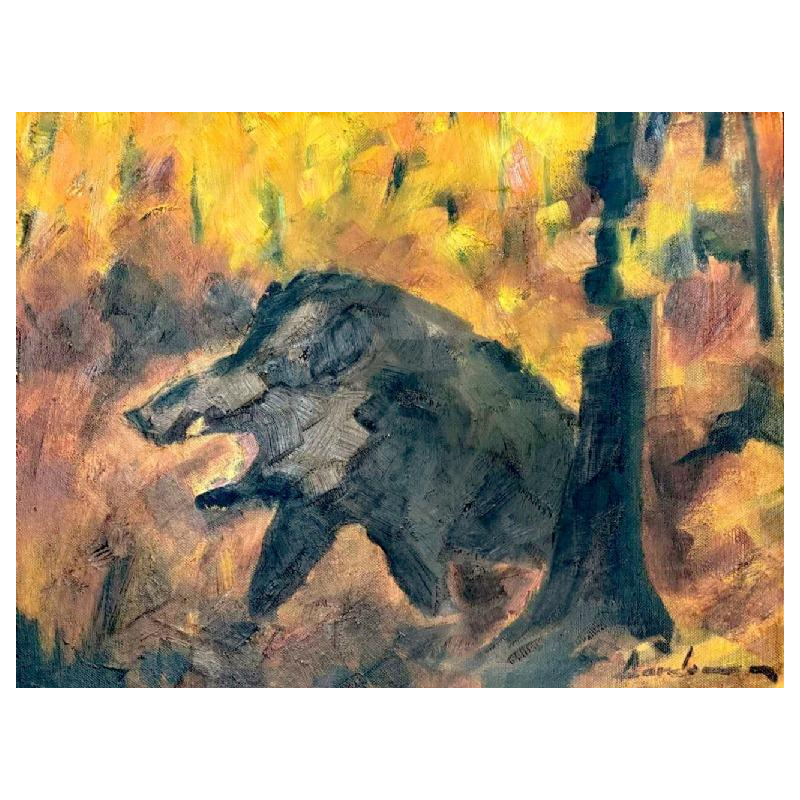 Milo DARDENNE (1938-): « Le sanglier solitaire » peinture sur toile