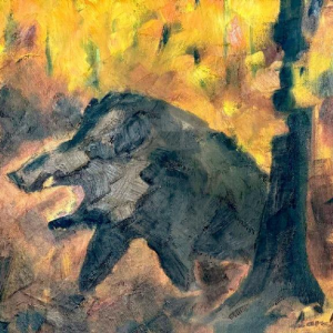 Milo DARDENNE (1938-): « Le sanglier solitaire » peinture sur toile
