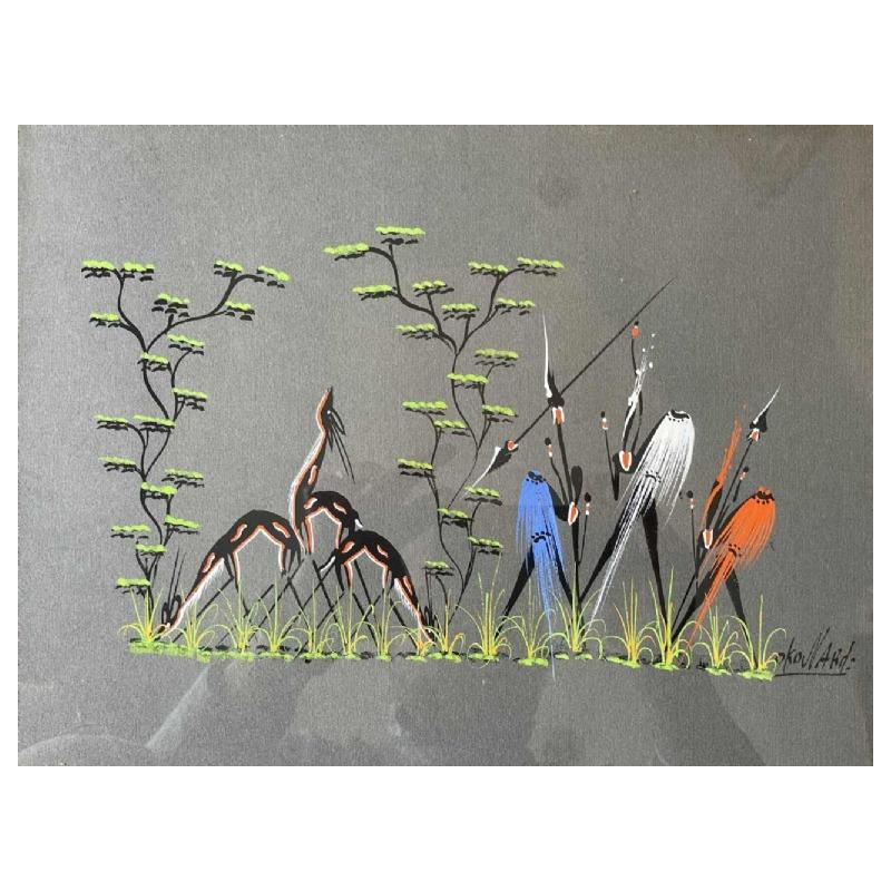 Gouache stylisée de lécole africaine vers 1960. Porte une signature.
