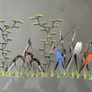 Gouache stylisée de lécole africaine vers 1960. Porte une signature.