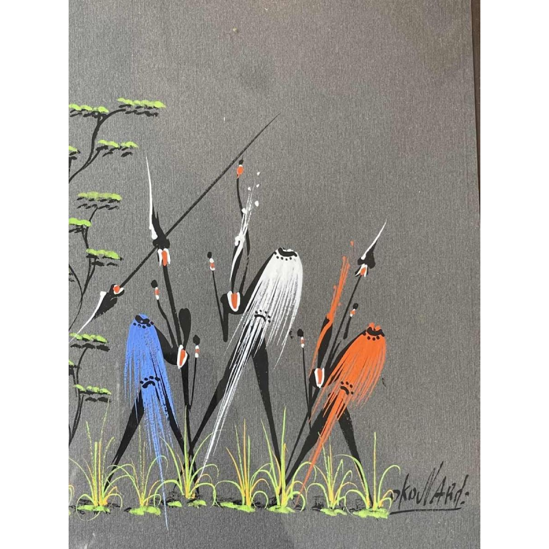 Gouache stylisée de lécole africaine vers 1960. Porte une signature.