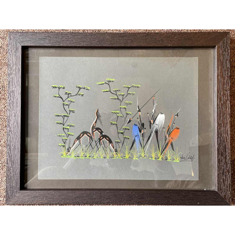 Gestileerde gouache uit de Afrikaanse school, circa 1960. Voorzien van signatuur.