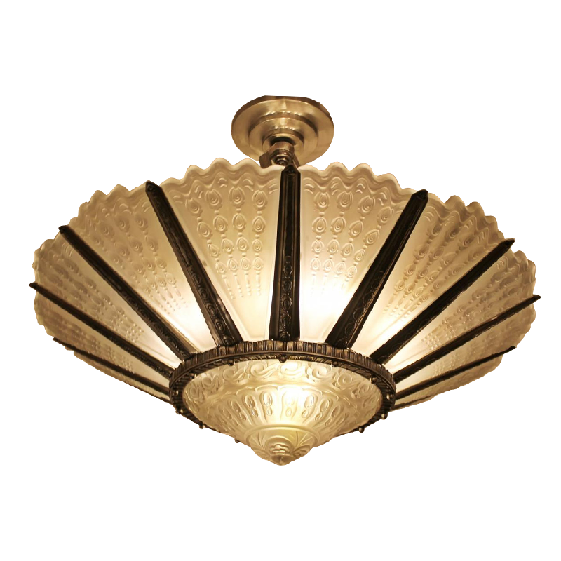 SOLD.EXCEPTIONNELLE SUSPENSION ART-DECO EN VERRE PRESSE MOULE.