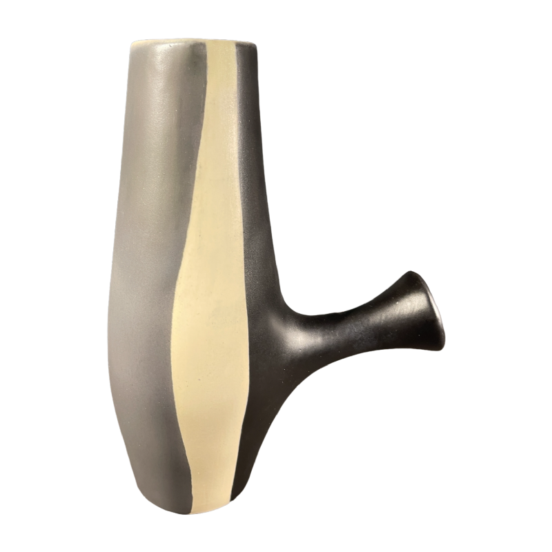 MADO JOLAIN, Modernist Black White Grey Ceramic Earthenware Handle Jug Vase 1950