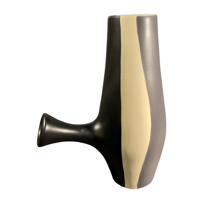 MADO JOLAIN, Modernist Black White Grey Ceramic Earthenware Handle Jug Vase 1950