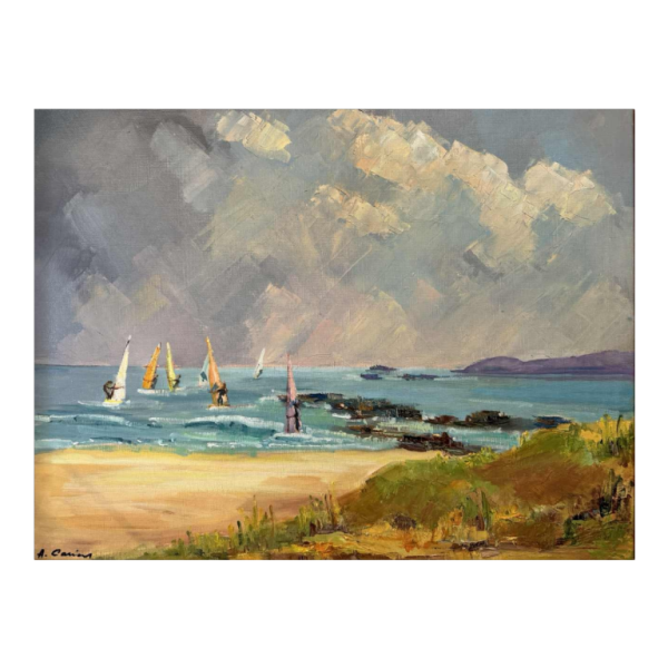"Windsurfers" schilderij olieverf op doek ca 1980 gesigneerd, kunstenaar te identificeren