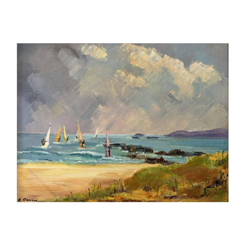 "Windsurfers" schilderij olieverf op doek ca 1980 gesigneerd, kunstenaar te identificeren