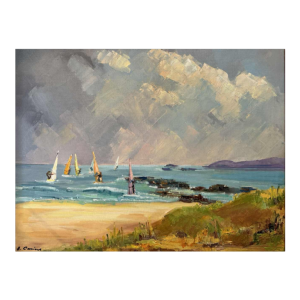 "Windsurfers" painting oil on canvas ca 1980 signed, artist to be identified