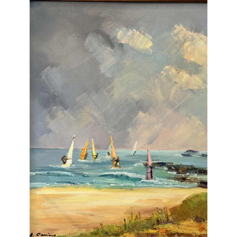 "Windsurfers" painting oil on canvas ca 1980 signed, artist to be identified