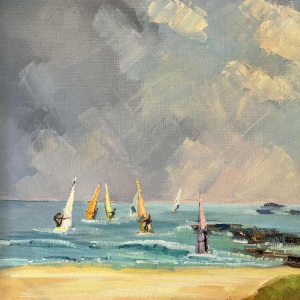 "Windsurfers" schilderij olieverf op doek ca 1980 gesigneerd, kunstenaar te identificeren