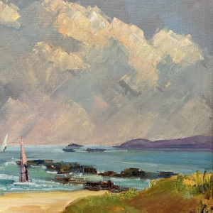 "Windsurfers" schilderij olieverf op doek ca 1980 gesigneerd, kunstenaar te identificeren