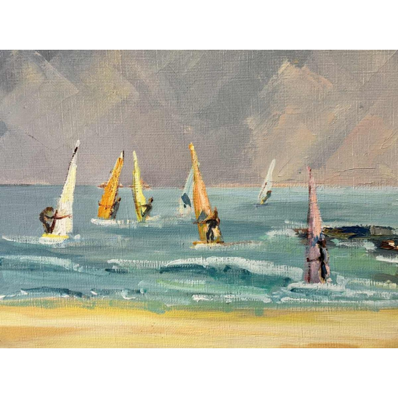 "Véliplanchistes" peinture huile sur toile ca 1980 signée, artiste à identifier