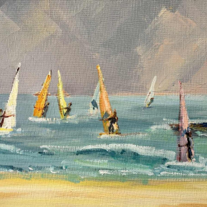 "Windsurfers" schilderij olieverf op doek ca 1980 gesigneerd, kunstenaar te identificeren