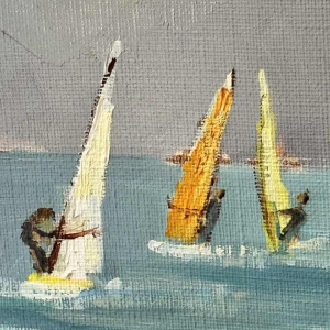 "Windsurfers" schilderij olieverf op doek ca 1980 gesigneerd, kunstenaar te identificeren