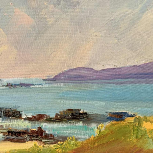 "Windsurfers" painting oil on canvas ca 1980 signed, artist to be identified